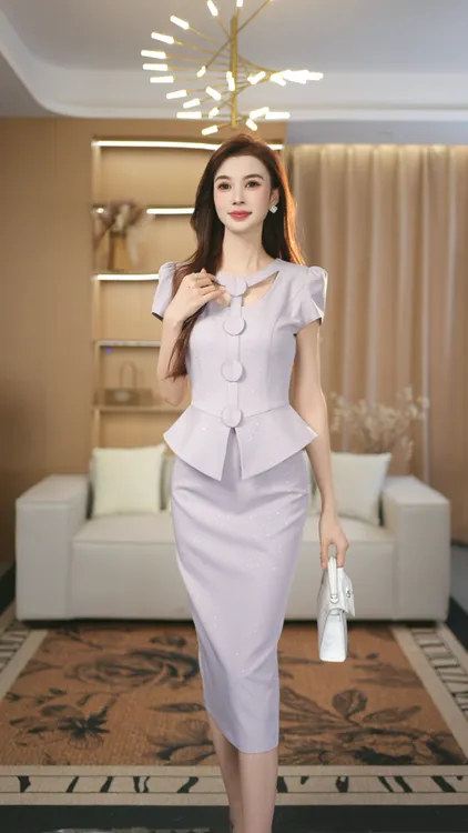 罗曼定制 高定原创浅紫色夏季气质名媛轻奢收腰上衣女+半身裙套装