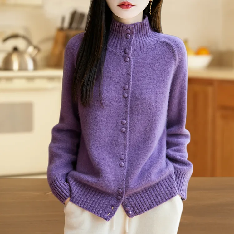 重磅加厚100纯羊毛开衫女半高领针织毛衣外套宽松慵懒羊绒衫打底