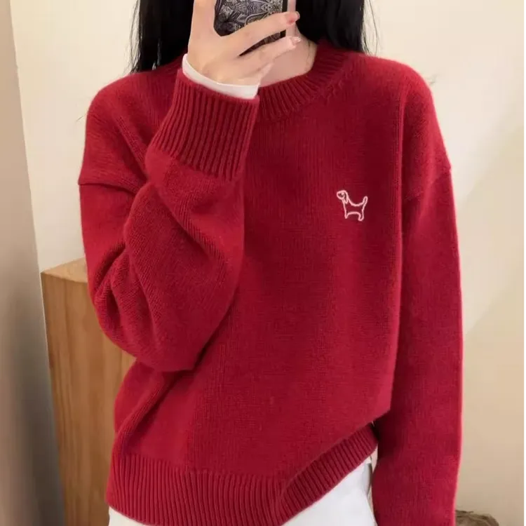 慵懒高级感红色小狗刺绣加厚毛衣女100%纯羊毛衫宽松百搭针织打底