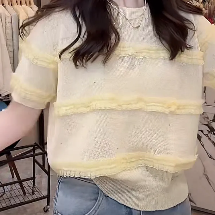 法式气质显瘦蕾丝针织小衫2025夏季新款设计感百搭显瘦短袖上衣