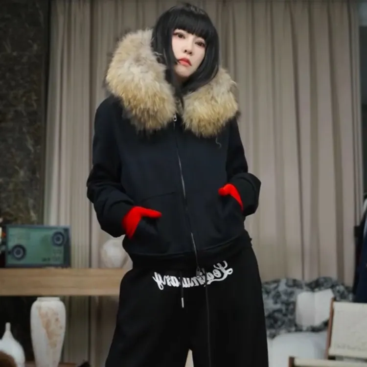 infobyfive2025秋冬新款毛绒绒毛领显瘦拉链卫衣外套贰NF0511215