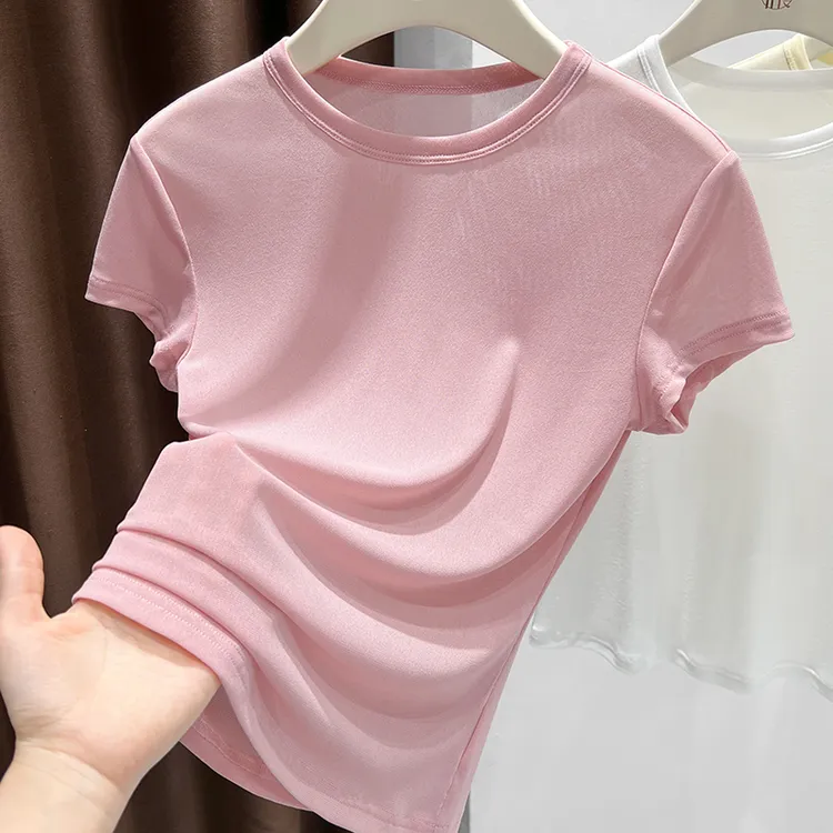 粉色圆领薄款冰丝短袖t恤2025夏季爆款透气网纱纯色修身显瘦上衣