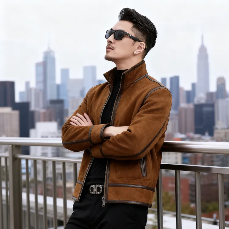 海宁新款轻奢时尚保暖男士双面穿羊毛一体春秋懂简约工装夹克