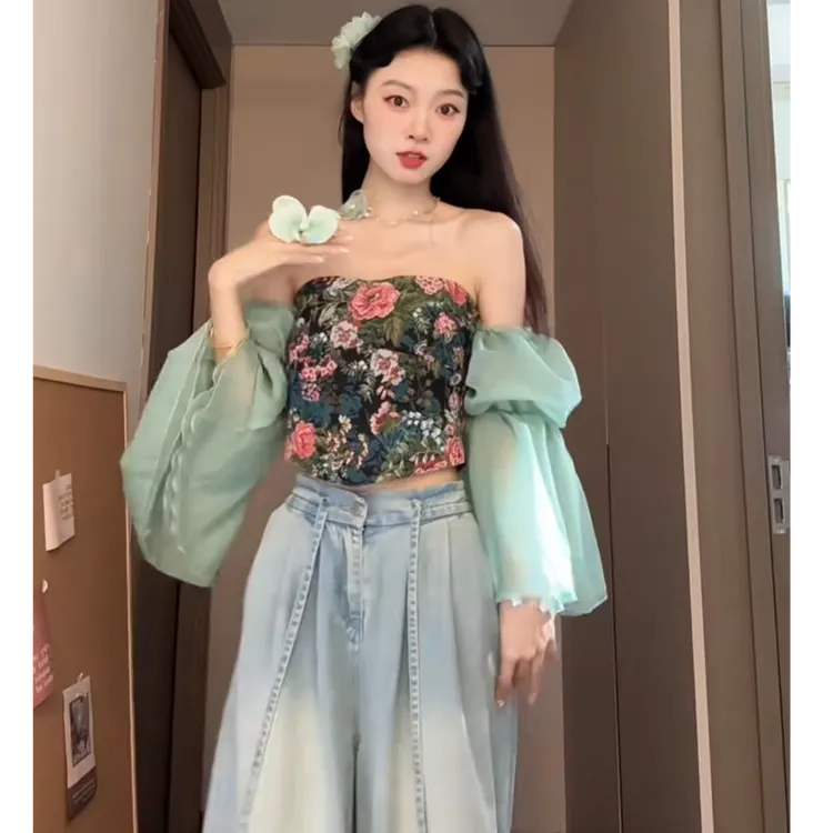 2025夏季复古碎花一字肩小众女夏外穿辣妹性感抹胸阔腿裤两件套