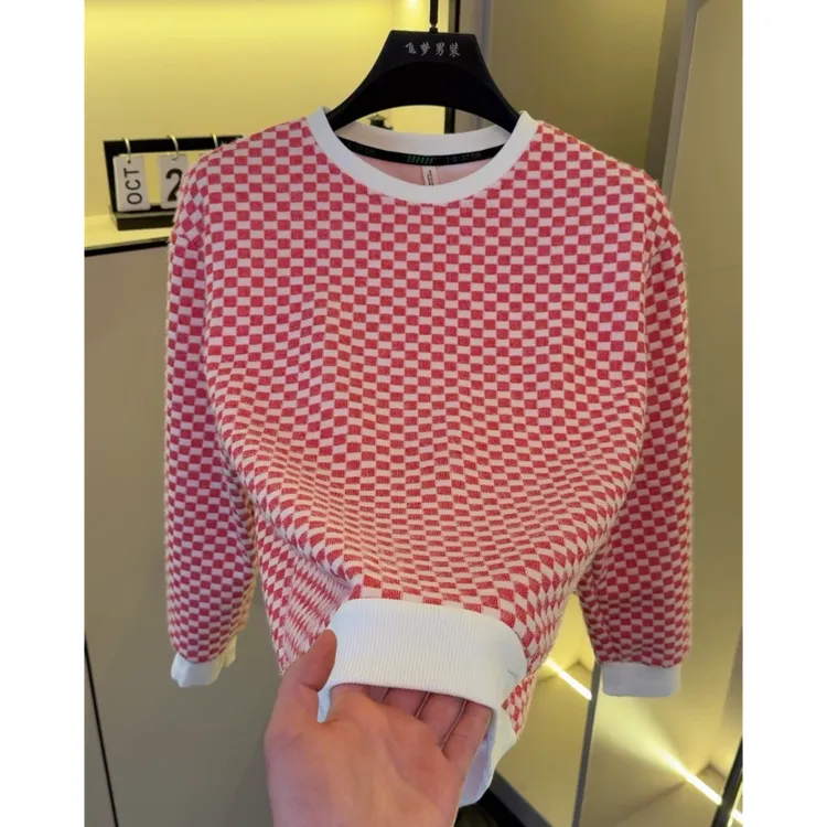 高档圆领格子加绒加厚卫衣男士秋冬款保暖时尚打底衫体恤男装8896