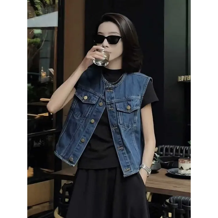 复古做旧蓝色牛仔外套女2025春夏新款外搭无袖背心马甲女短款上衣