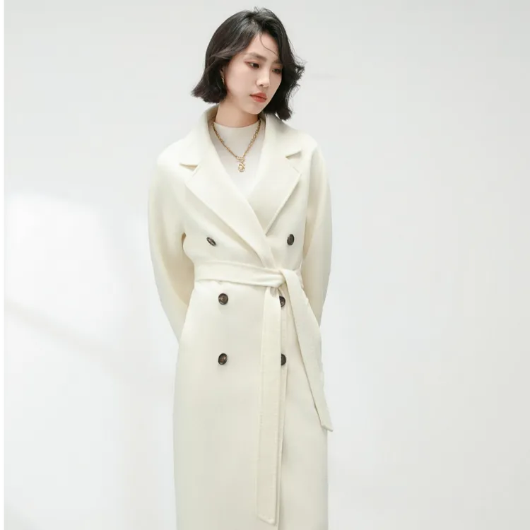 绵羊毛大衣女立领长款毛呢外套长袖双排扣女士秋冬时尚