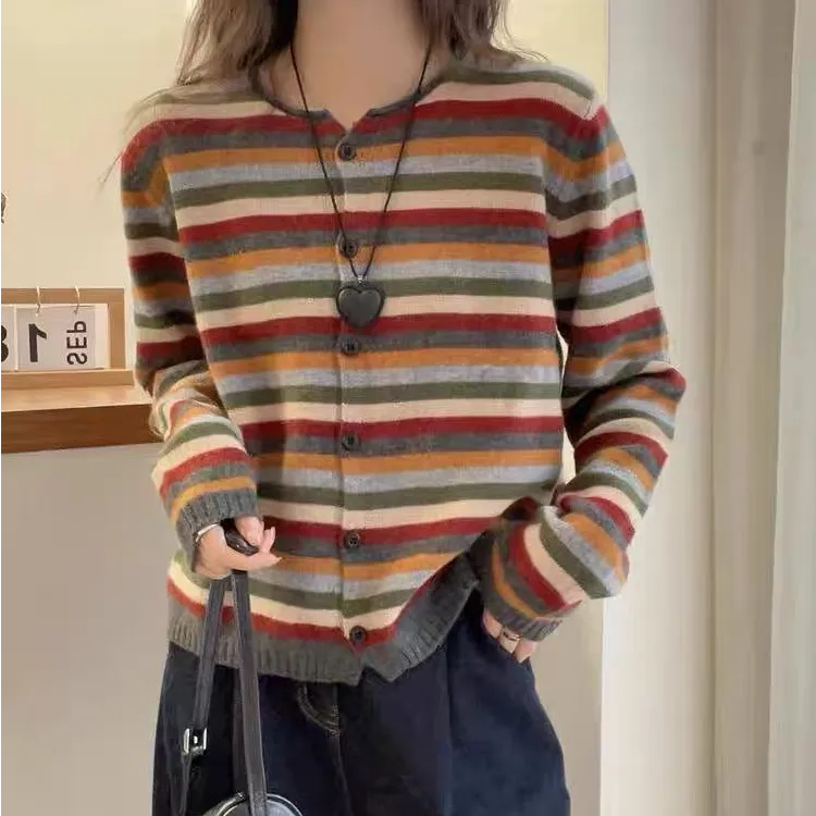 【彩虹开衫】条纹针织衫新款春装撞色长袖开衫上衣复古气质打底衫