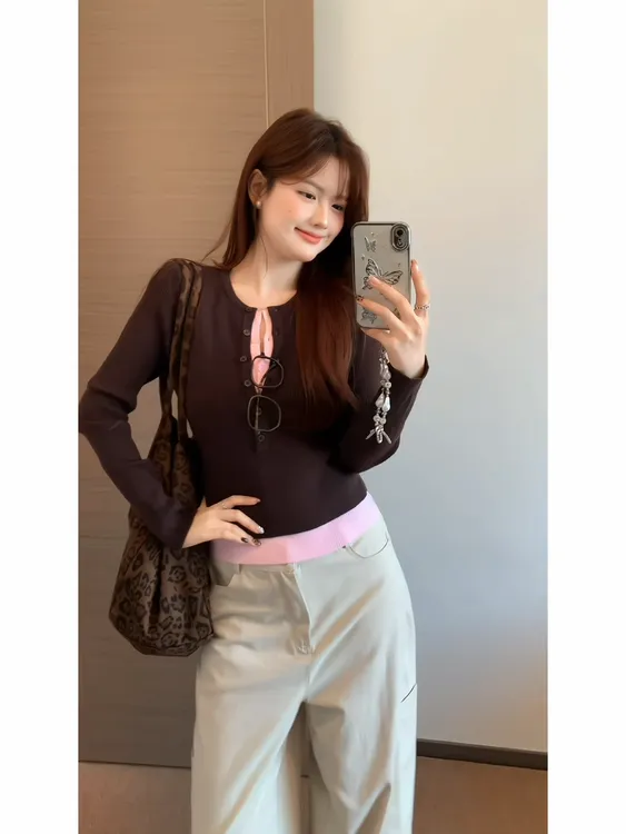 【肉肉】安迪绒假两件拼接毛针织衫女半开领洋气显瘦设计感毛衣百搭