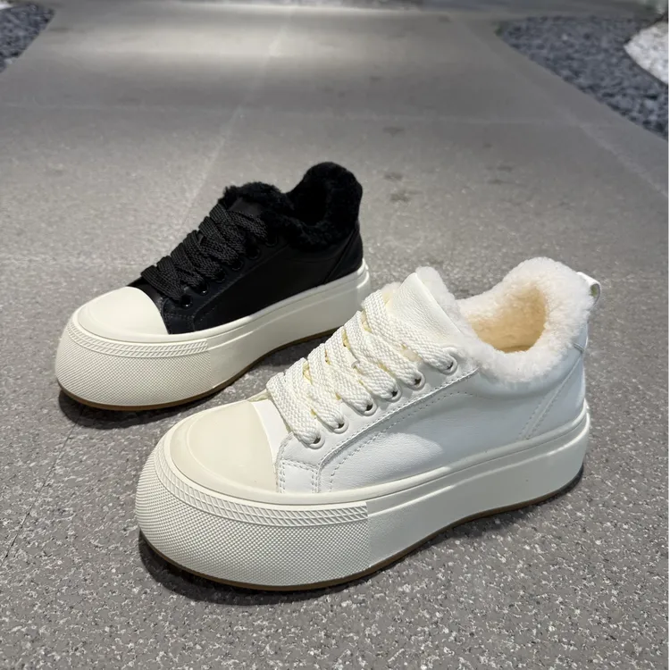 加绒厚底面包鞋女2025年秋冬新款牛皮羊糕毛保暖增高系带休闲板鞋