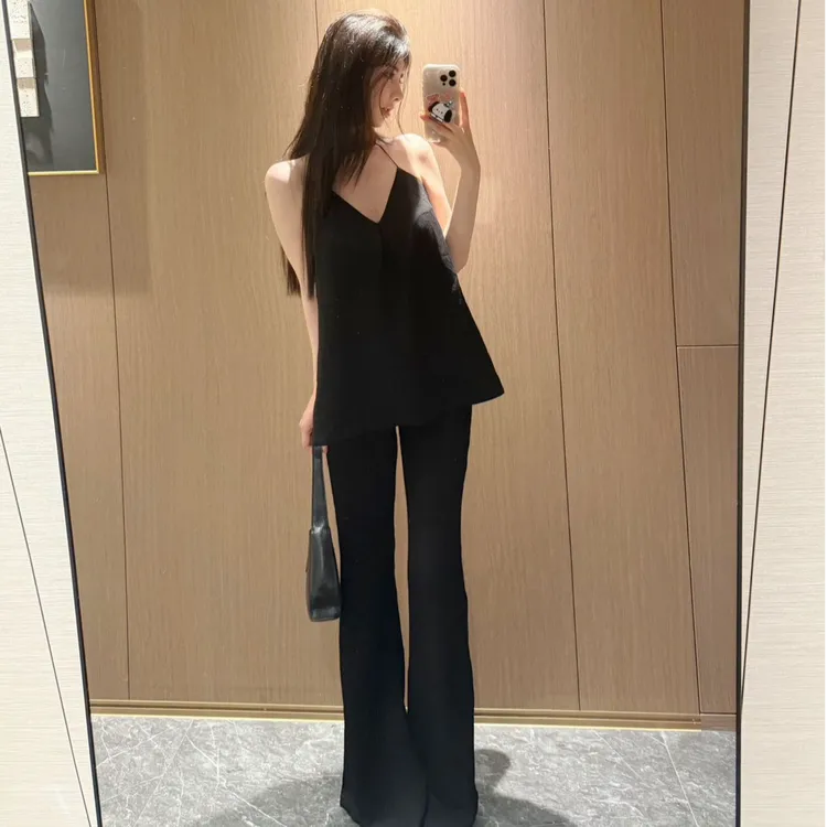 韩版法式穿搭套装甜辣A字露背挂脖上衣+休闲高腰显瘦微喇裤两件套