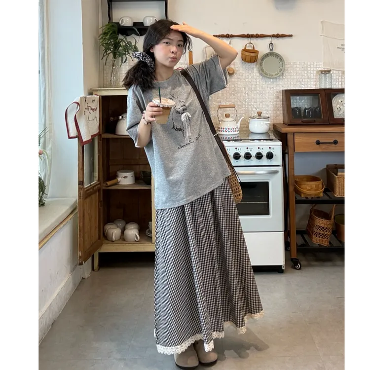 大码女装2025韩系印花短袖T恤夏季蕾丝拼接高腰半身裙上衣两件套