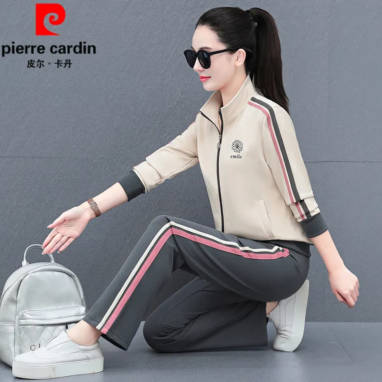 皮尔卡丹休闲运动服套装春秋新款时尚洋气妈妈开衫卫衣两件套套装