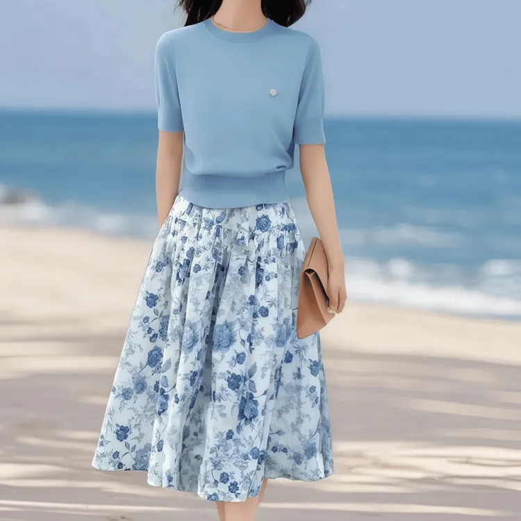 素订女装原创品牌旗舰店夏季针织垂感高级感碎花高腰a字裙两件套