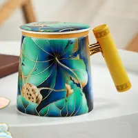 德化云仓 荷悦茶杯木柄马克杯大容量配内胆水杯陶瓷茶具-4372