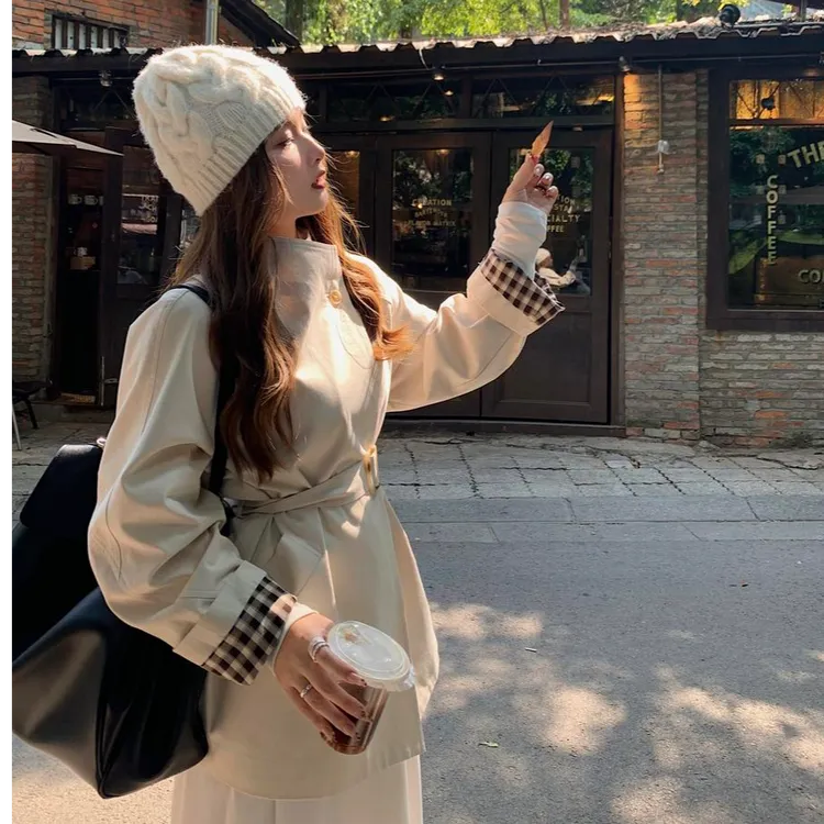 Herwear微胖mm 诺丁山秋日 荃棉一粒扣斗篷风衣女设计感显瘦外套