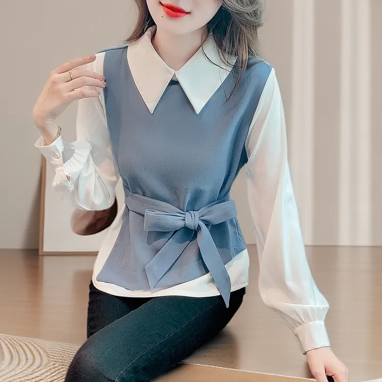 假两件长袖衬衫女春秋法式设计感洋气收腰漂亮小衫女士休闲风上衣