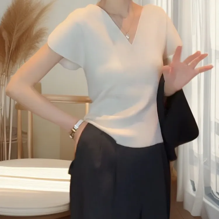 曲珠针织爱心短袖上衣女2025夏季新款法式气质设计感修身短款上衣