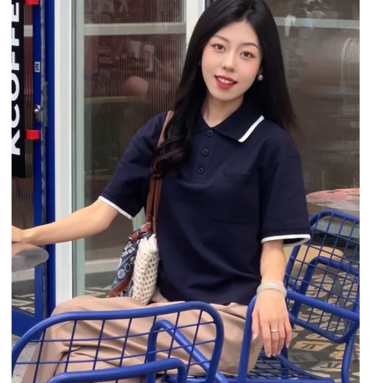 GIRDEAR/哥弟短袖百搭常规款日系翻领女士T恤宽松女士  130038