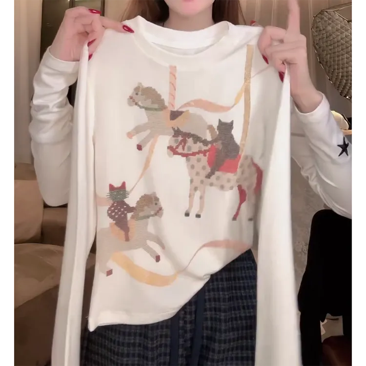 【旋转木马】秋季流光风时尚流行印花T恤长袖正肩W1279