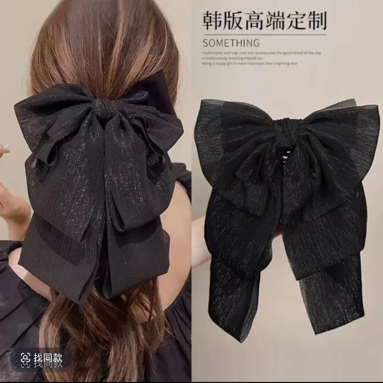 在逃公主黑色蝴蝶结飘带发饰法式优雅发夹女后脑勺高马尾抓夹发