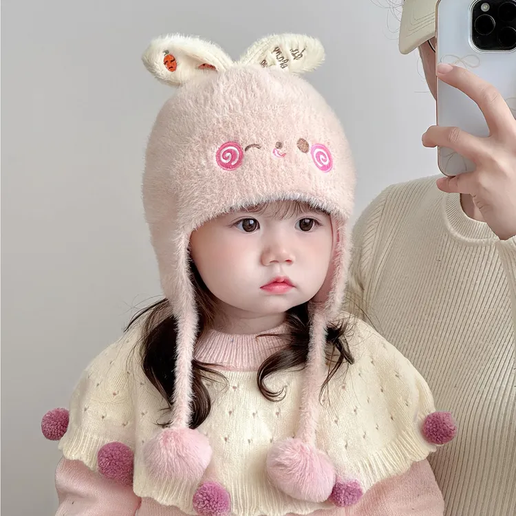 宝宝帽子秋冬季毛绒帽可爱超萌卡通女童护耳帽加厚保暖儿童针织帽