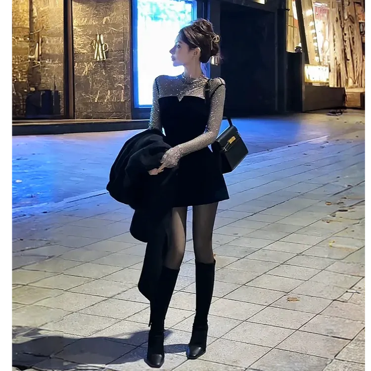 赫本风法式名媛千金连衣裙女秋冬短款高级感气质宴会小礼服a字裙