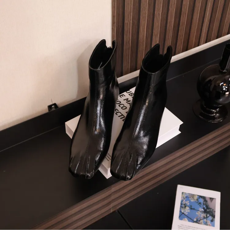 牛皮/3厘米跟高/方头褶皱粗跟后拉链女鞋简约真皮短靴3077