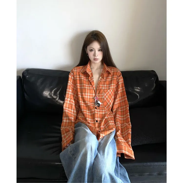 MARIE.COCO早秋新款橘色格子长袖衬衫女外穿通勤气质百搭打底上衣