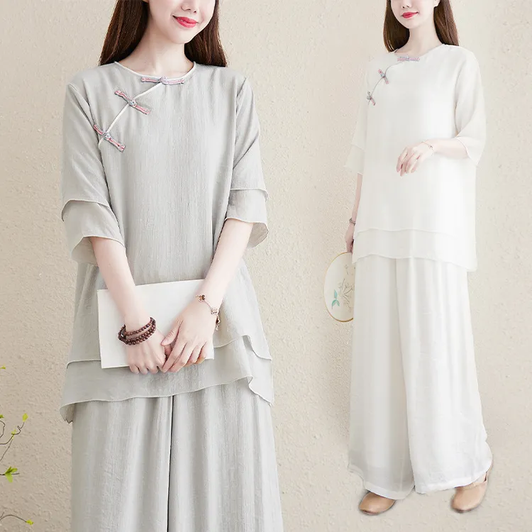 夏季新款禅意居士服棉麻瑜伽服斜襟禅修服女两件套套装