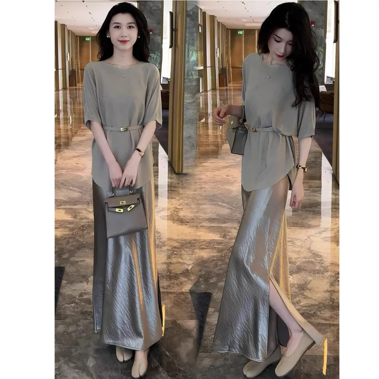 拉夏贝尔洋气套装女式夏季冰丝短袖针织上衣缎面开叉半身裙两件套