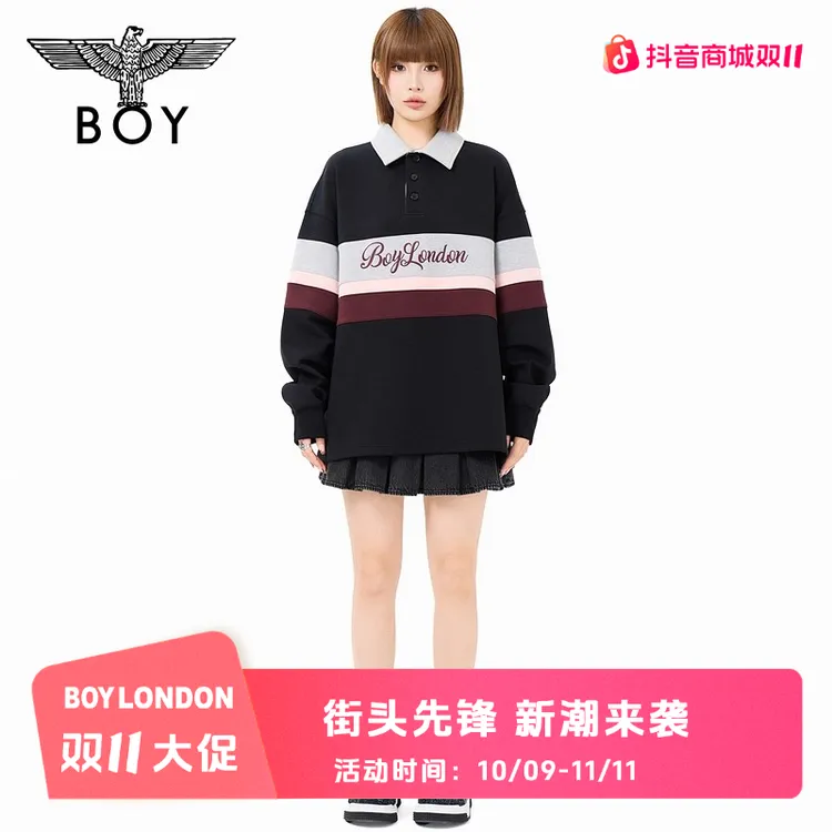 【芬多学院】BOYLONDON2025秋新款绣花POLO套头情侣卫衣撞色N03054