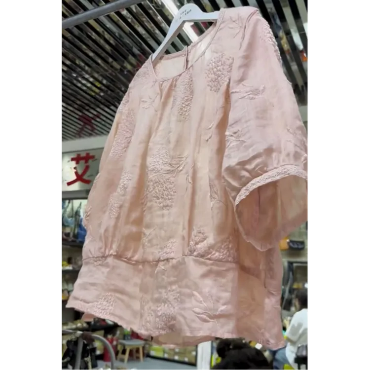 夏季新款宽松减龄韩系后背扣中袖衬衫宽松时尚减龄粉色薄款半身衫