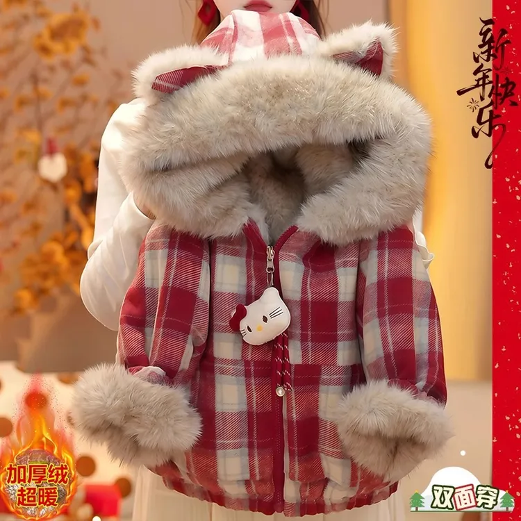 女童加绒红格子派克服冬装2025新款双面穿加厚羊羔绒毛毛衣棉服潮