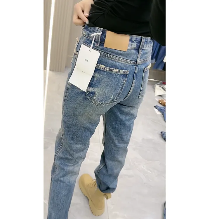 破洞烟管牛仔裤女2025秋季新款大码女装高腰显瘦窄版直筒拖地裤子