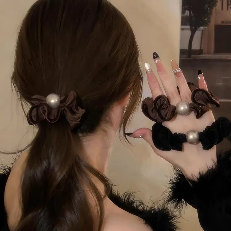 韩版高级感贝珠丝绒发圈女扎头发绳高弹力橡皮筋耐用头绳马尾发饰