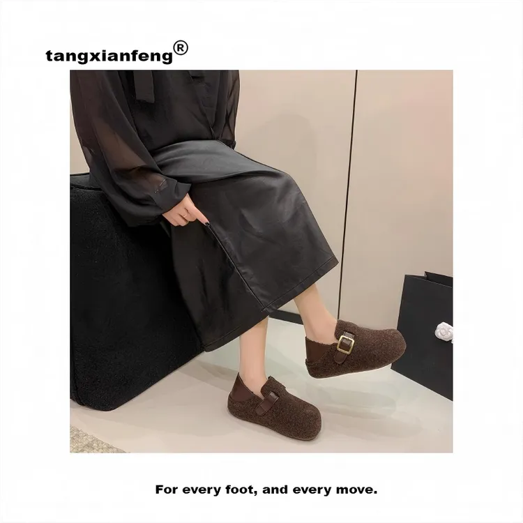 轻职风韩版包头棉鞋时尚防滑圆头复古厚底