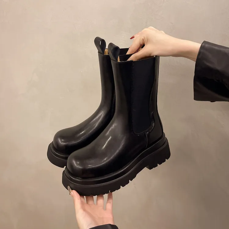 烟筒靴冬皮鞋厚底切尔西靴真皮百搭网红中筒女靴英伦风小众靴子