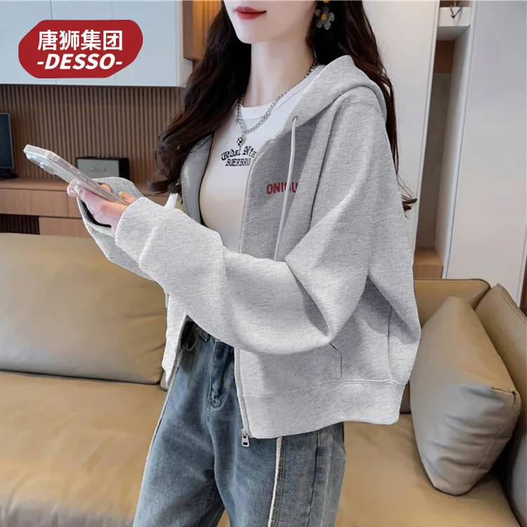唐狮集团DESSO短款时尚慵懒宽松长袖卫衣外套女2025秋薄休闲开衫