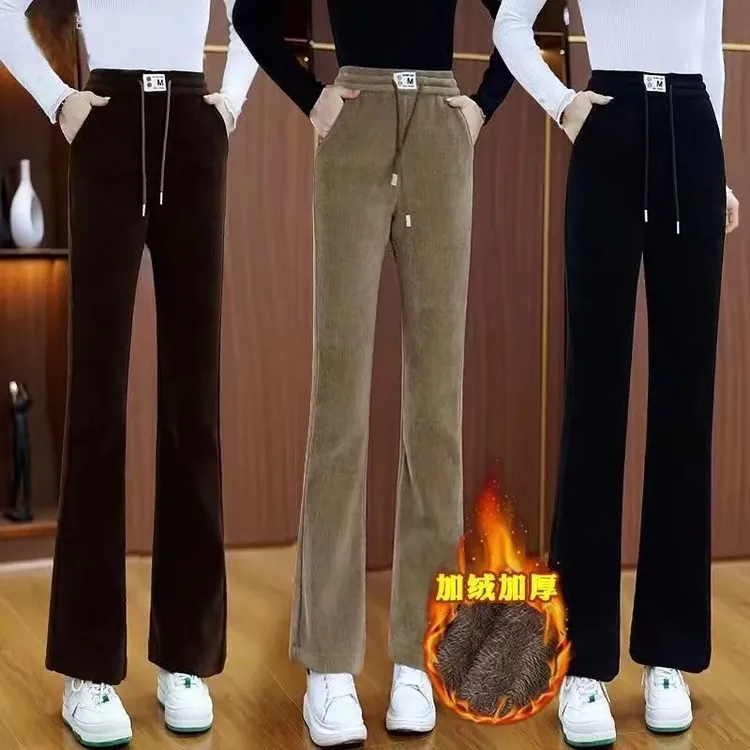 秋冬新款加绒加厚微喇叭裤女大码宽松显瘦高腰欧棉绒休闲裤长裤子