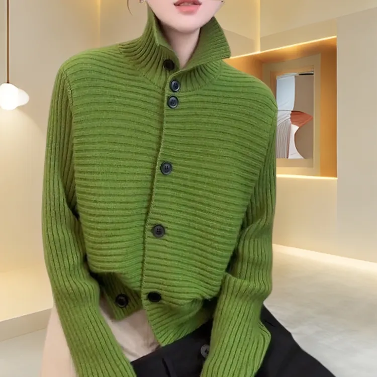 绿色单排扣开衫针织衫秋冬通勤极简风时尚百搭网红洋气炸街女装