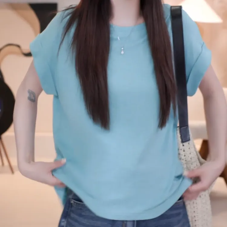 简约宽松INS风慵懒显瘦百搭圆领纯色卷边袖T恤女2025夏款短袖上衣