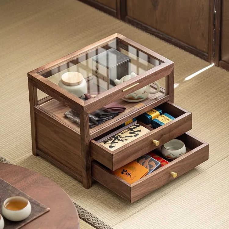 北美实木家用复古防尘透明玻璃茶桌茶具桌面茶具收纳柜茶具收纳盒