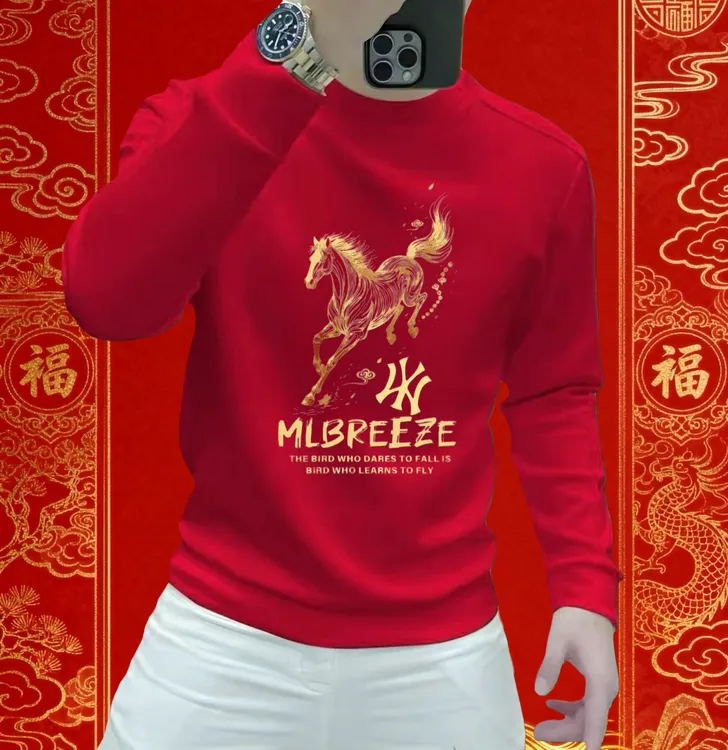 2026马年爆款骏马高档潮牌卫衣印花男士本命年红色高级感圆领上衣