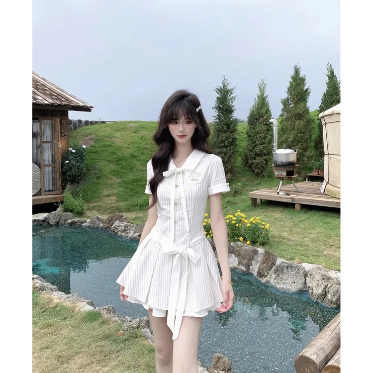 知禾知夏 学院风系带蝴蝶结条纹百褶裙夏季短袖连衣裙带腰带套装
