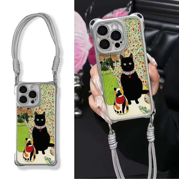 皮纹瓷娃猫咪挂绳适用iPhone苹果16电镀手机壳华为p70vivoppo小米