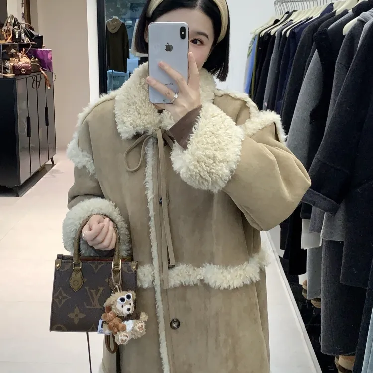 羊羔毛外套女冬加厚皮毛一体羊羔绒中长款皮草韩系超好看翻领大衣
