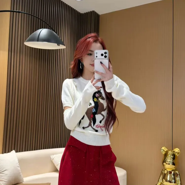 DA263 春秋冬女韩系小马提花圆领针织毛衣可拆卸袖子高级感上衣