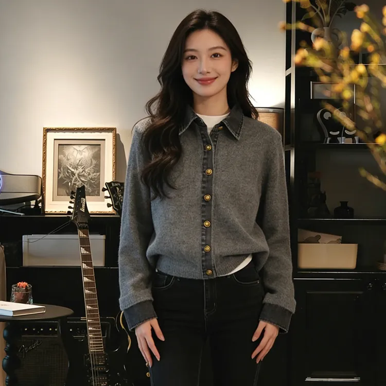 韩系设计感假两件长袖针织开衫女高级感牛仔拼接百搭显瘦毛衣外套