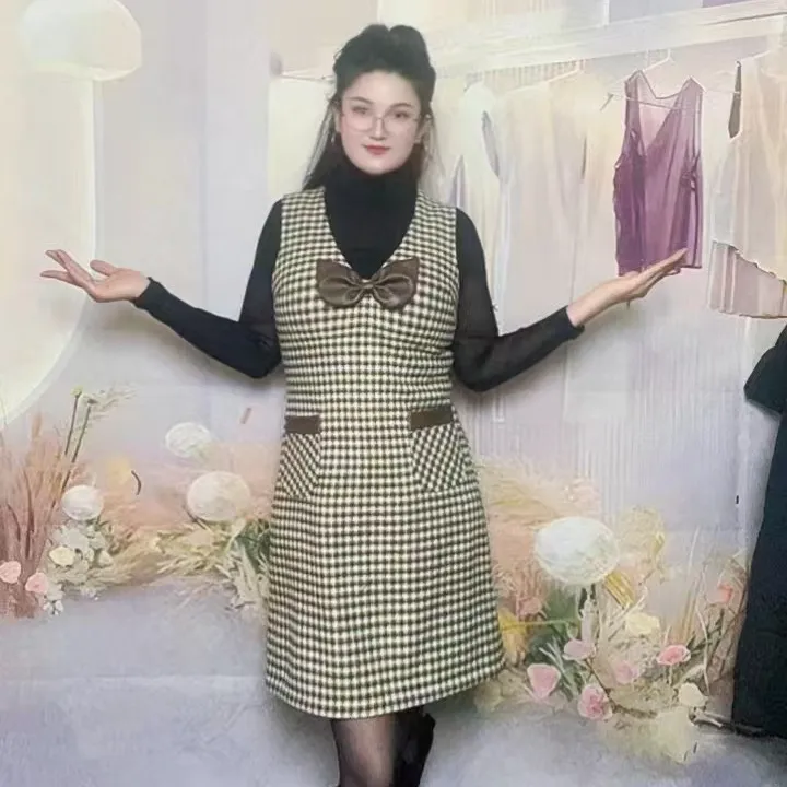 08斜肩款连衣裙显瘦旗袍斜领格纹中长裙无袖秋季千鸟格